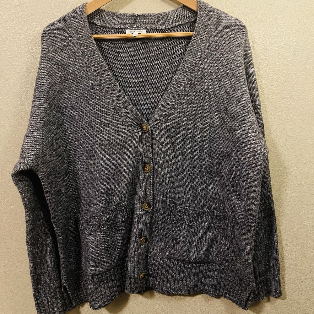 Ella‎ Moss Oversized Knit Cardigan Button Up Gray Pockets Cozy Cabin Ski Size M